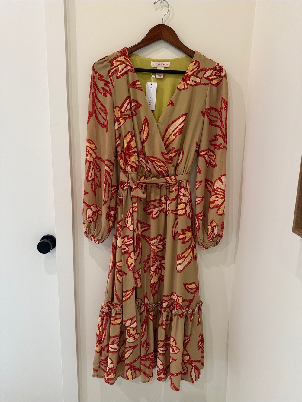 Dusty Olive Midi Wrap Dress with Red Floral Print
